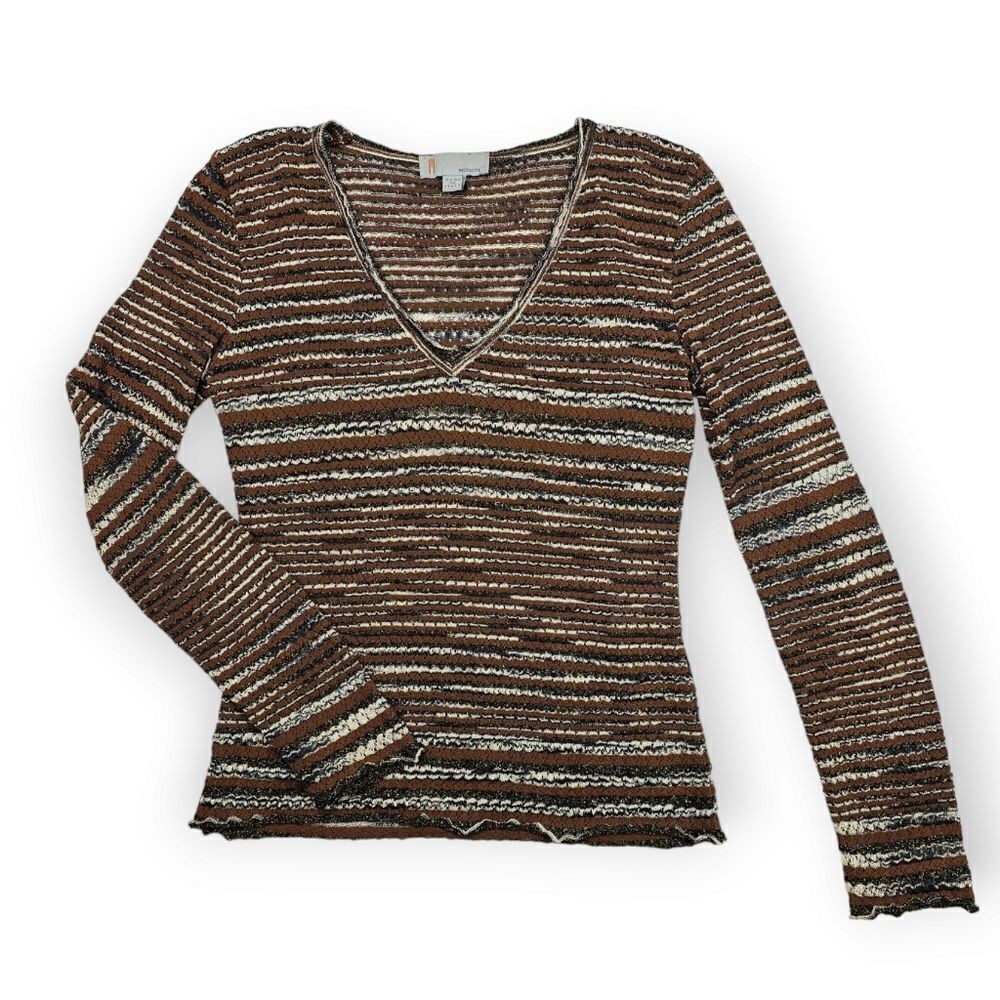 Missoni Made in Italy‎ Brown Horizontal Stripe Shirt With Gold Women's Size S